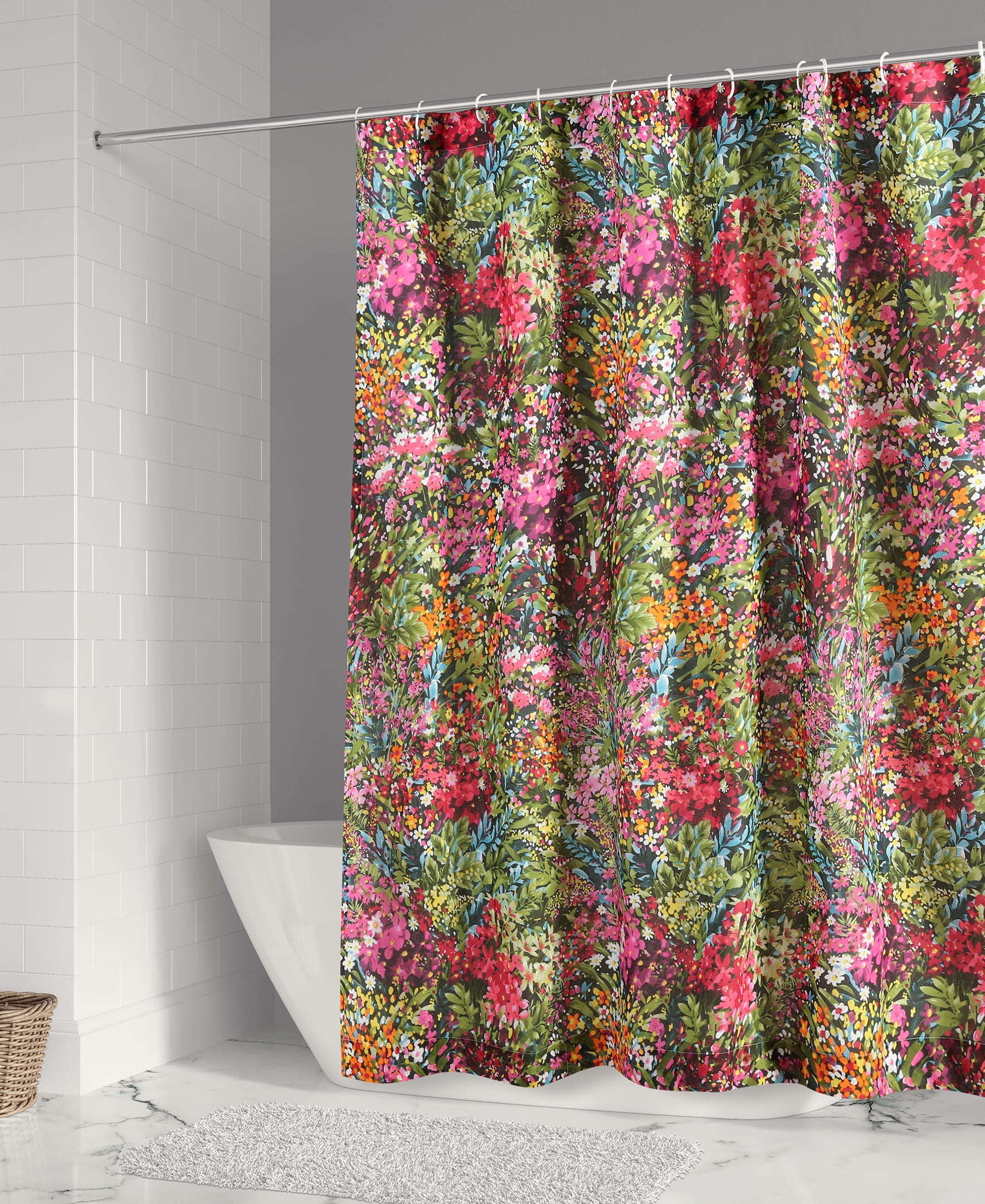 Levtex Home - Basel - Shower Curtain (72x72in.) with Button Holes - Boho Floral in Orange Teal Red Blue - Orange, Teal, Red and Blue