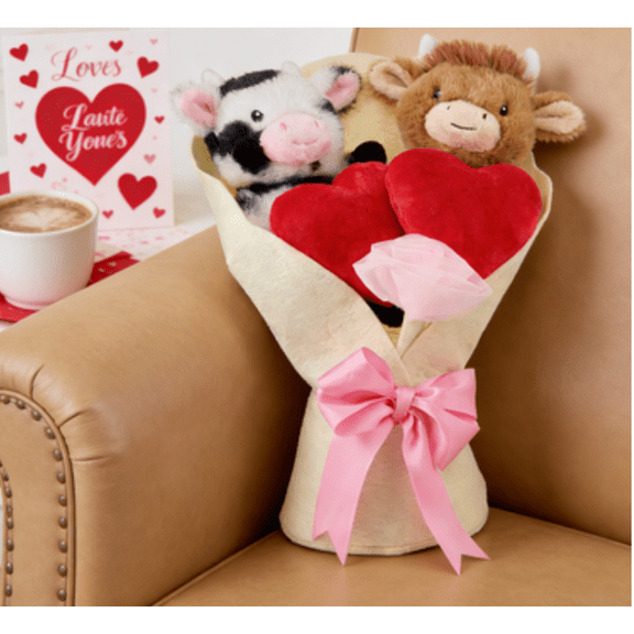 Cow Bouquet Plush 13" Medium White - Valentine's Day Plush with Red Hearts Pink Fabric Flowers