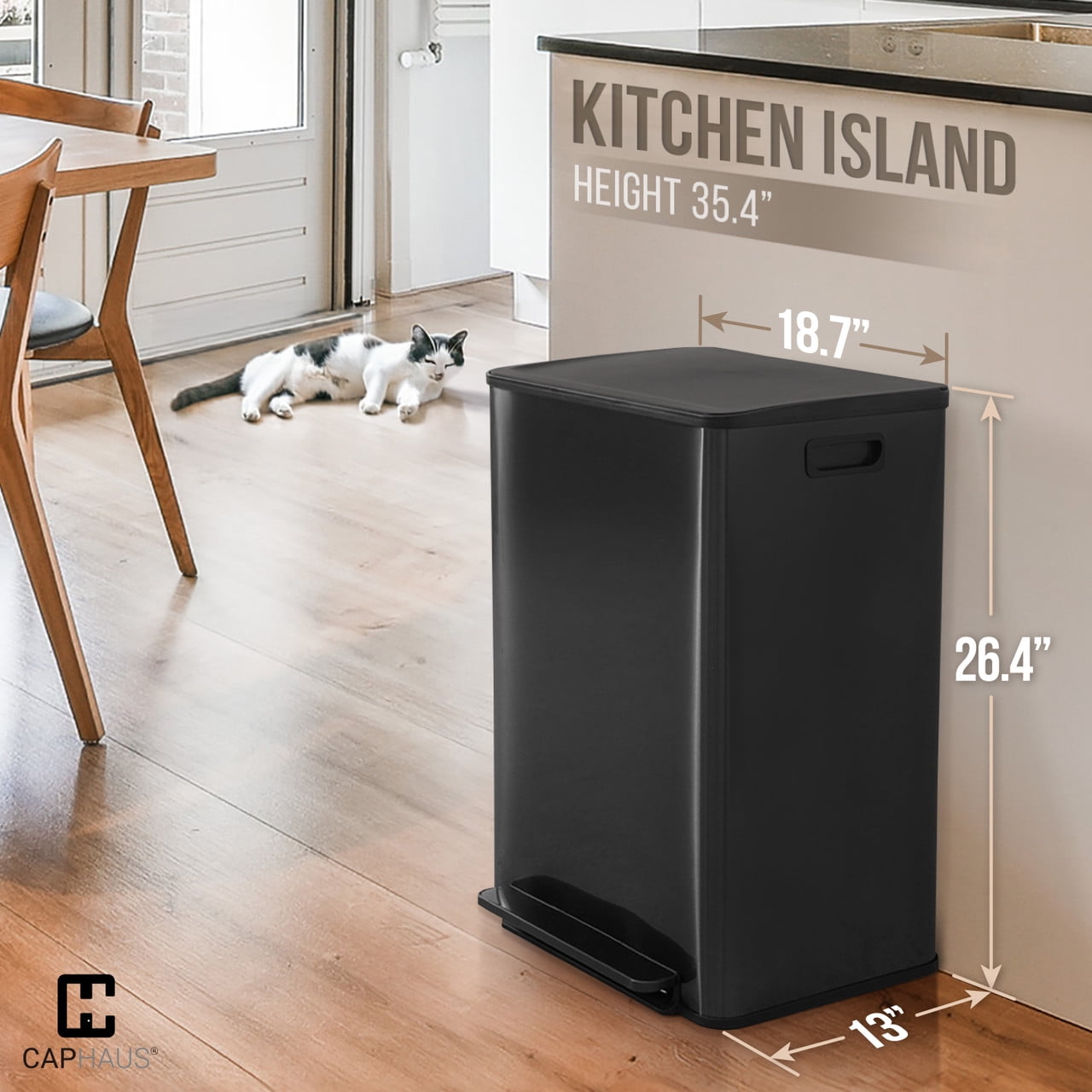 CAPHAUS Black Dual Trash Can w/ Single Lid, Trash & Recycle Bins Combo, Hands-free Stainless-Steel Garbage Can for Kitchen, with 2 Compartment, Hinged Lid, Odor Filters, Handles, 30L+30L, 2 x 8 Gal