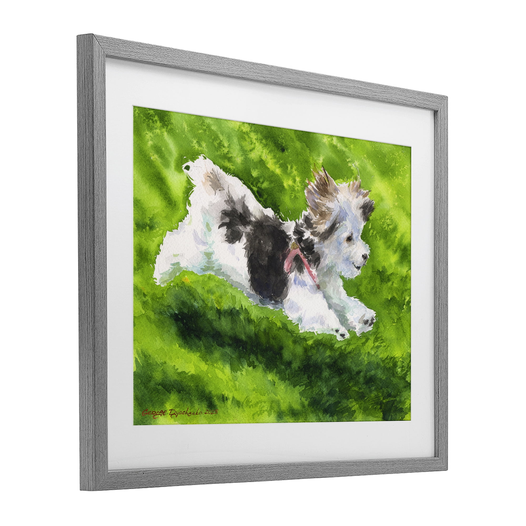 Stupell Industries Happy Maltipoo Running Gray Framed Print Under Glass, design by George Dyachenko