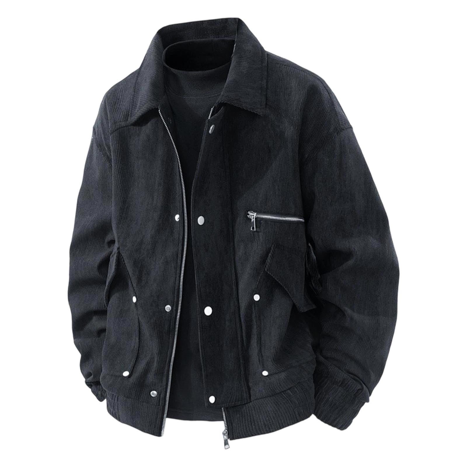 Men's Long Sleeve Lapel Zipper Work Jacket with Corduroy, Vintage