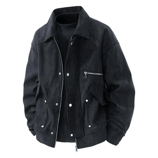 PEONAVET Mens Jacket Men's Solid Color Zipper Cardigan Long Sleeved Lapel Corduroy Workwear Jacket