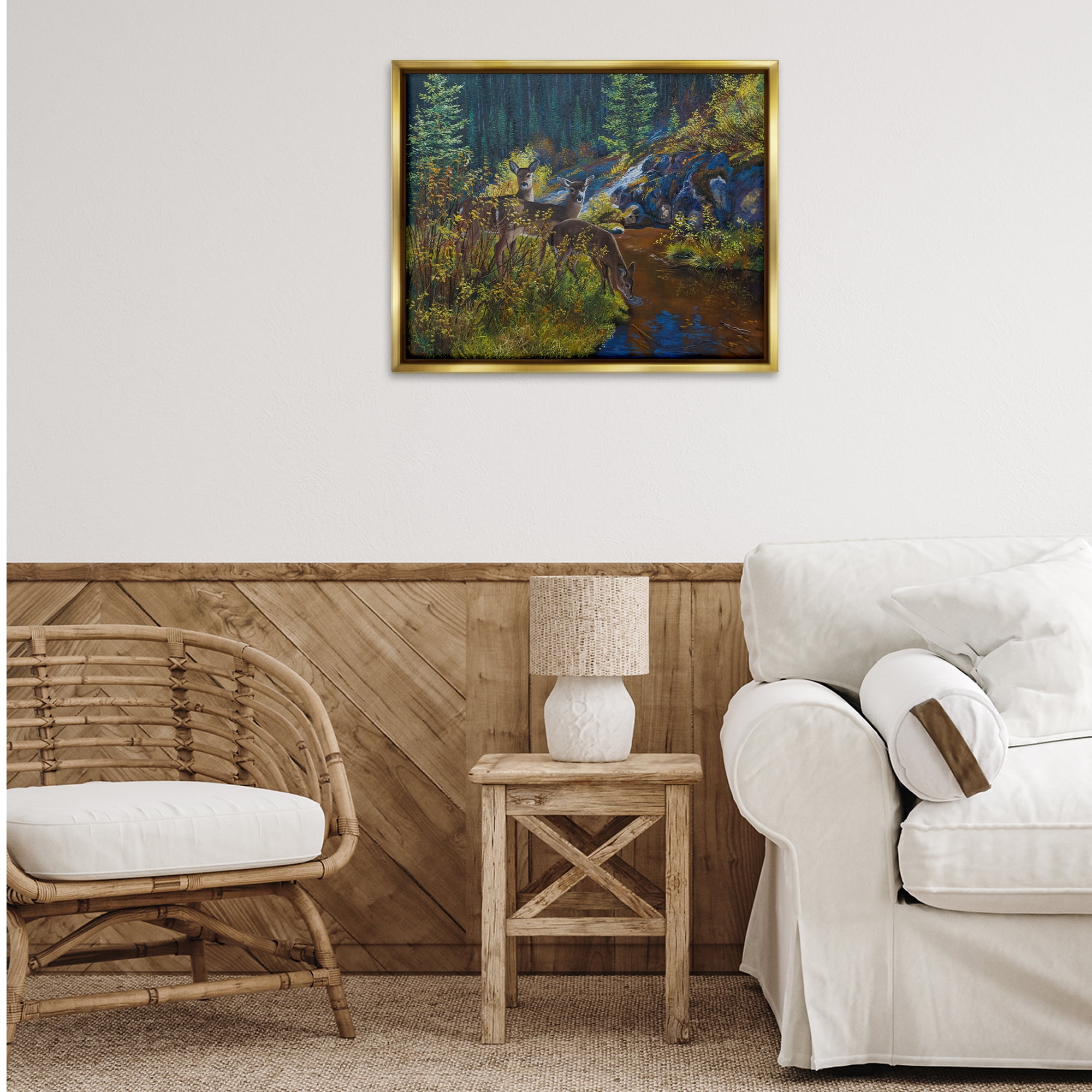 Stupell Industries Deer Drinking from River Landscape & Nature Painting Gold Floater Framed Canvas Art Print Wall Art, 31 x 25