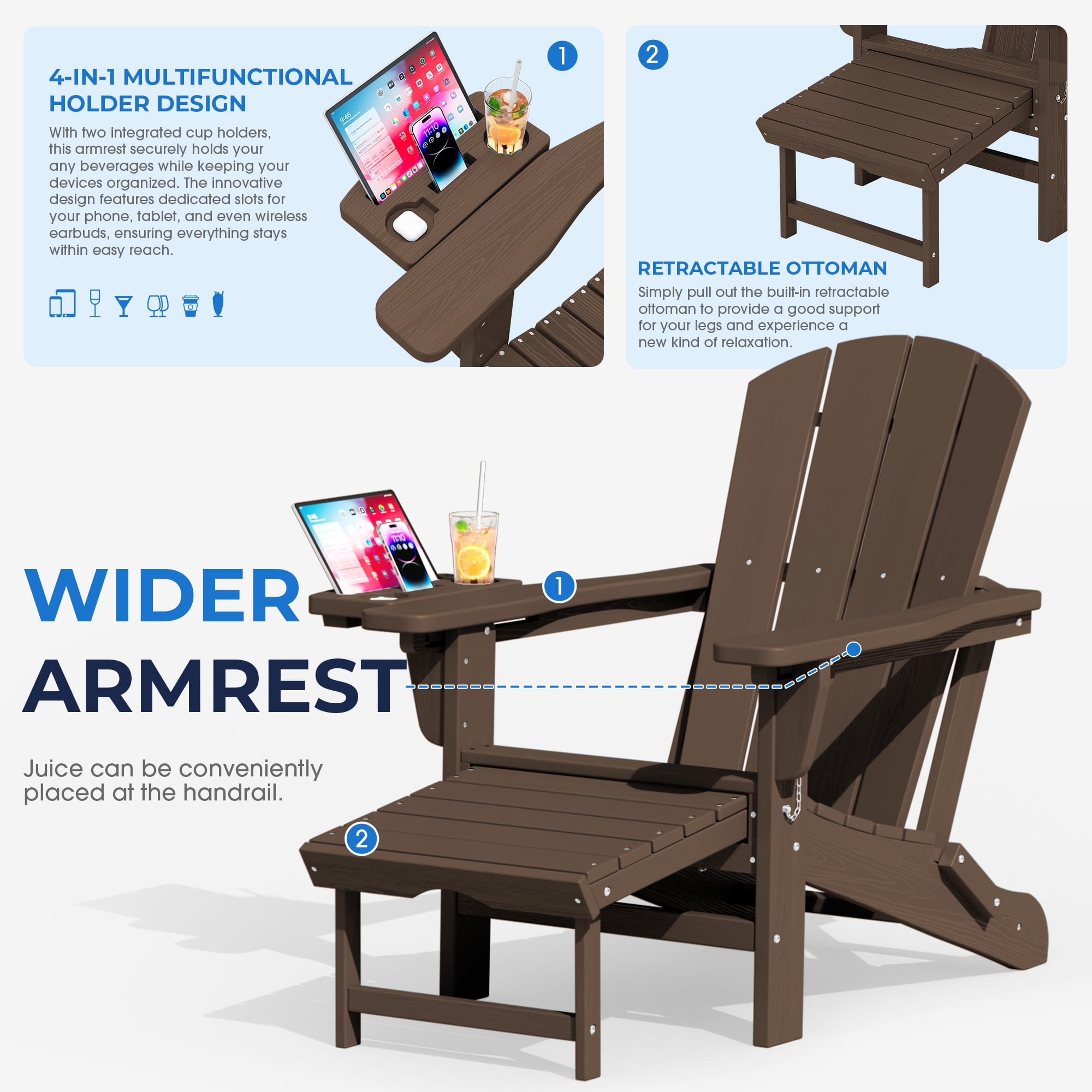 KINGYES Folding Adirondack Chair set of 4, Adjustable Backrest with Pull-Out Footrest & 4-in-1 Mobile Phone, Tablet, Cup Holder Tray, HDPE Plastic Adirondack Chair for Patio Garden Outdoors Fire Pit