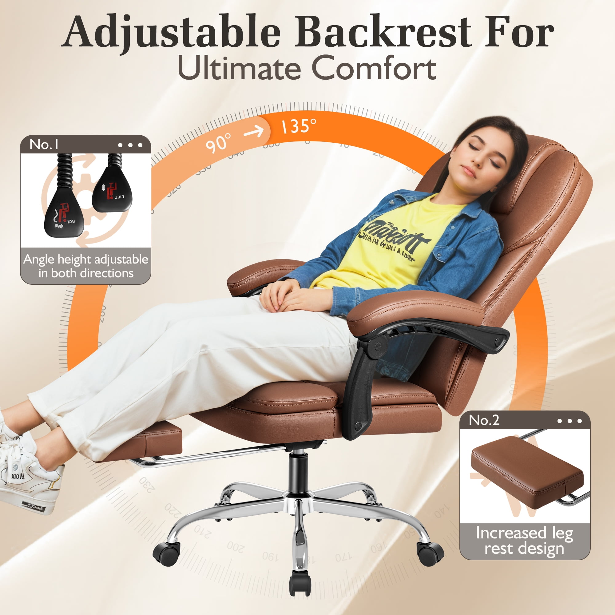 Homall Angle Height Adjustable Office Chair&nbsp;Reclining Computer Chair Ergonomic Executive Leather Chair Support 8 Hours Heavy Duty Design,Brown