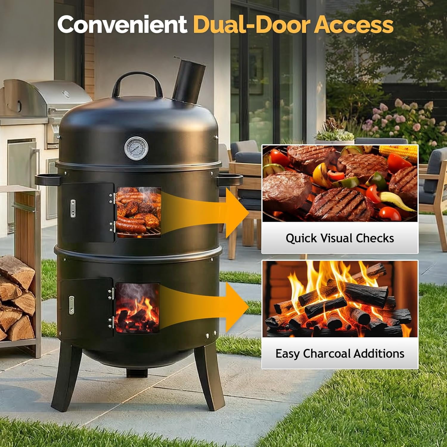 Upgraded 18 Inch Multi-Layer Charcoal Smoker Grill with Chimney, Heavy Duty Round Grill, Vertical Smoker with Thermometer, for Outdoor Cooking, Patio, Parties, Backyard BBQ