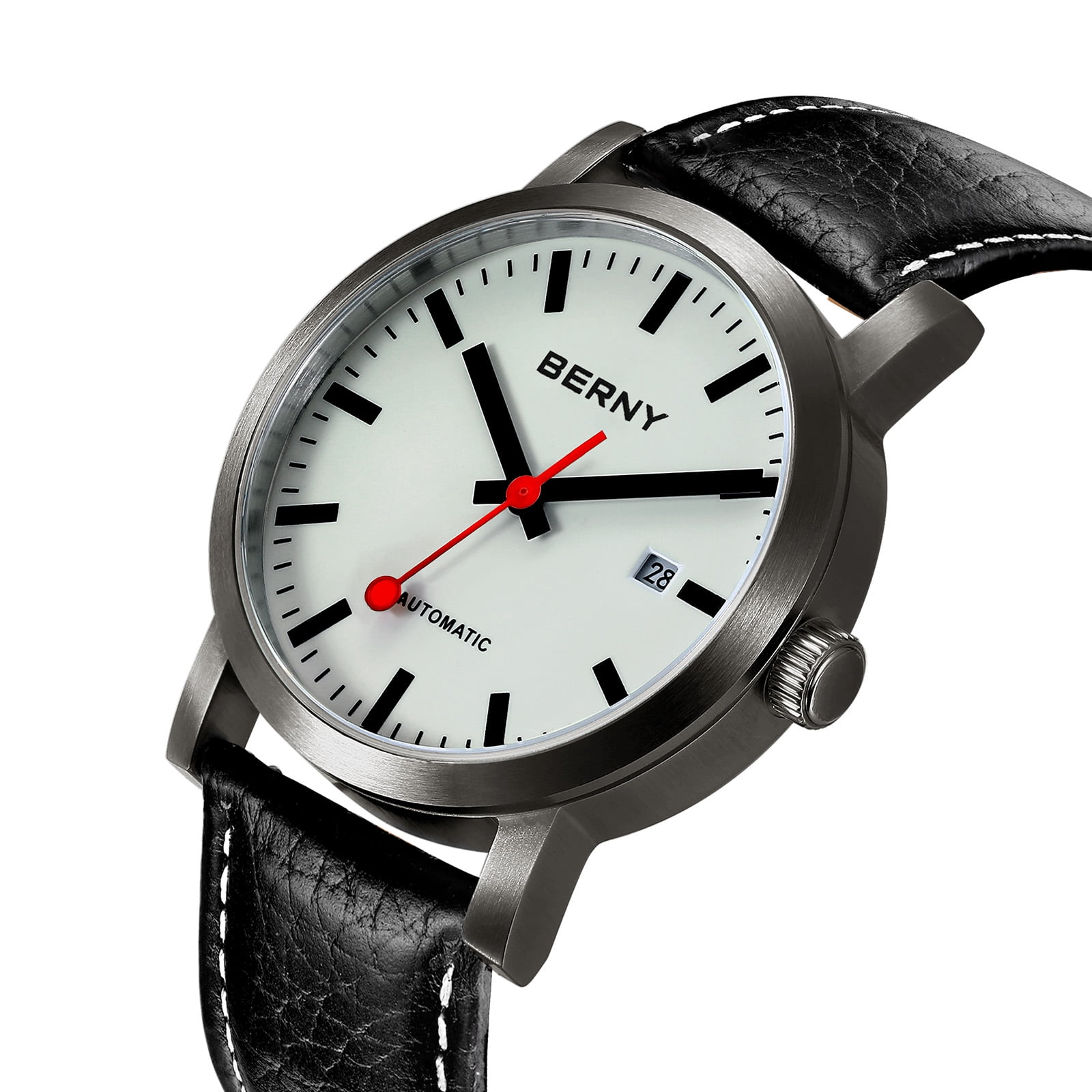 BERNY Automatic Watches for Men, Luxury Self Winding Mechanical Dress Leather Watch with Date, Sapphire Crystal, Luminous, Stainless Steel, 50M Waterproof, Minimalist Mens Watches (Black)