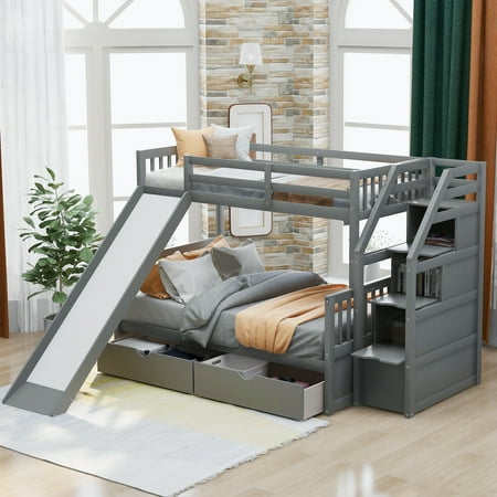 CoSoTower Twin Over Full Bunk Bed With Drawers  Storage And Slide  Multifunction  Gray