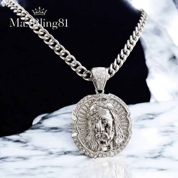Hip Hop CZ Silver Plated Jesus Religious Medal Pendant & 6mm 24" Cuban Chain Necklace