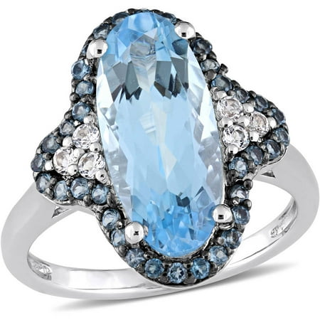 Tangelo 4-7/8 Carat T.G.W. Sky and London Blue Topaz and White Topaz Sterling Silver Halo Cocktail Ring