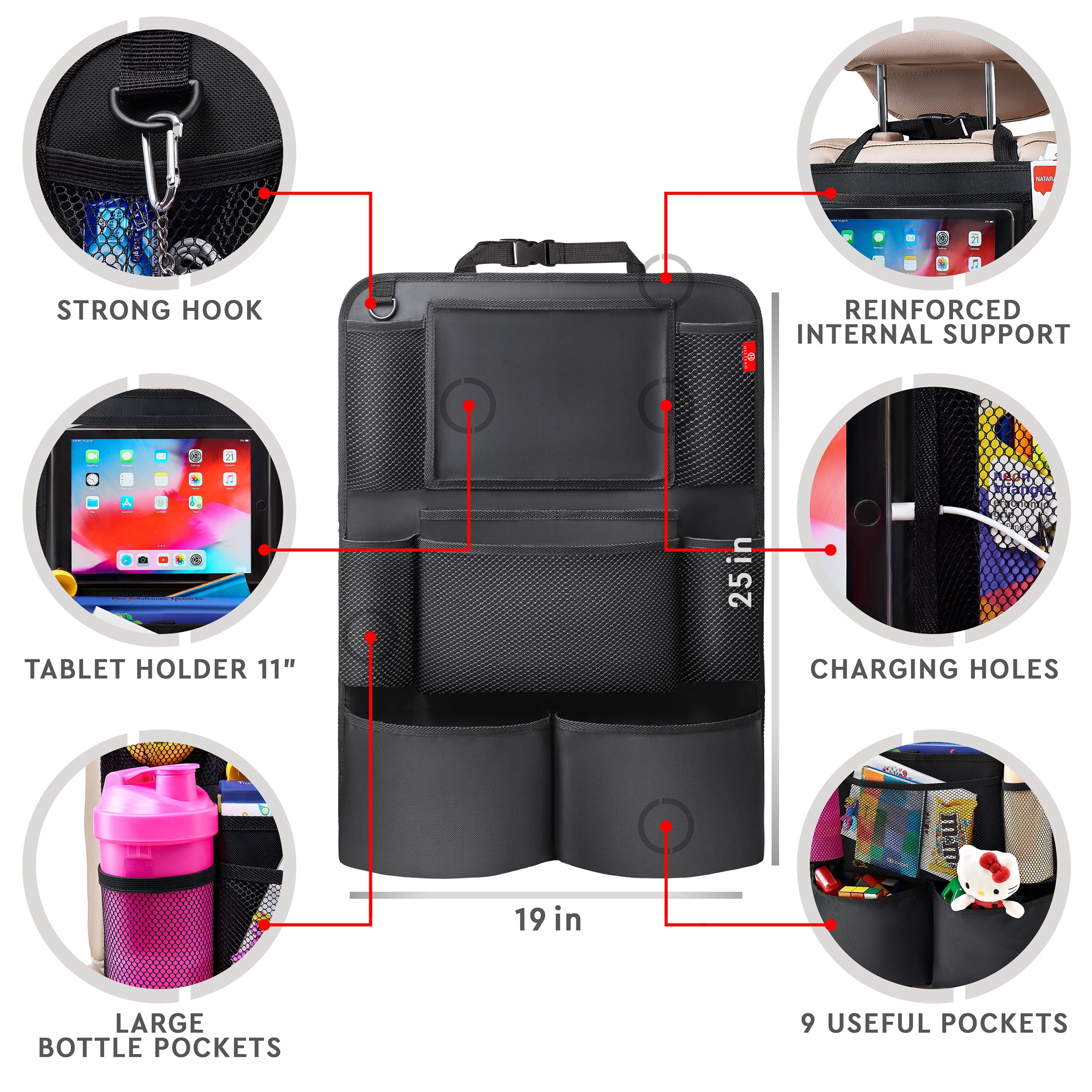 Helteko Backseat Car Organizer with 9 Storage Pockets, 600D Polyester, 25 in x 19 in, 2 pack, Black