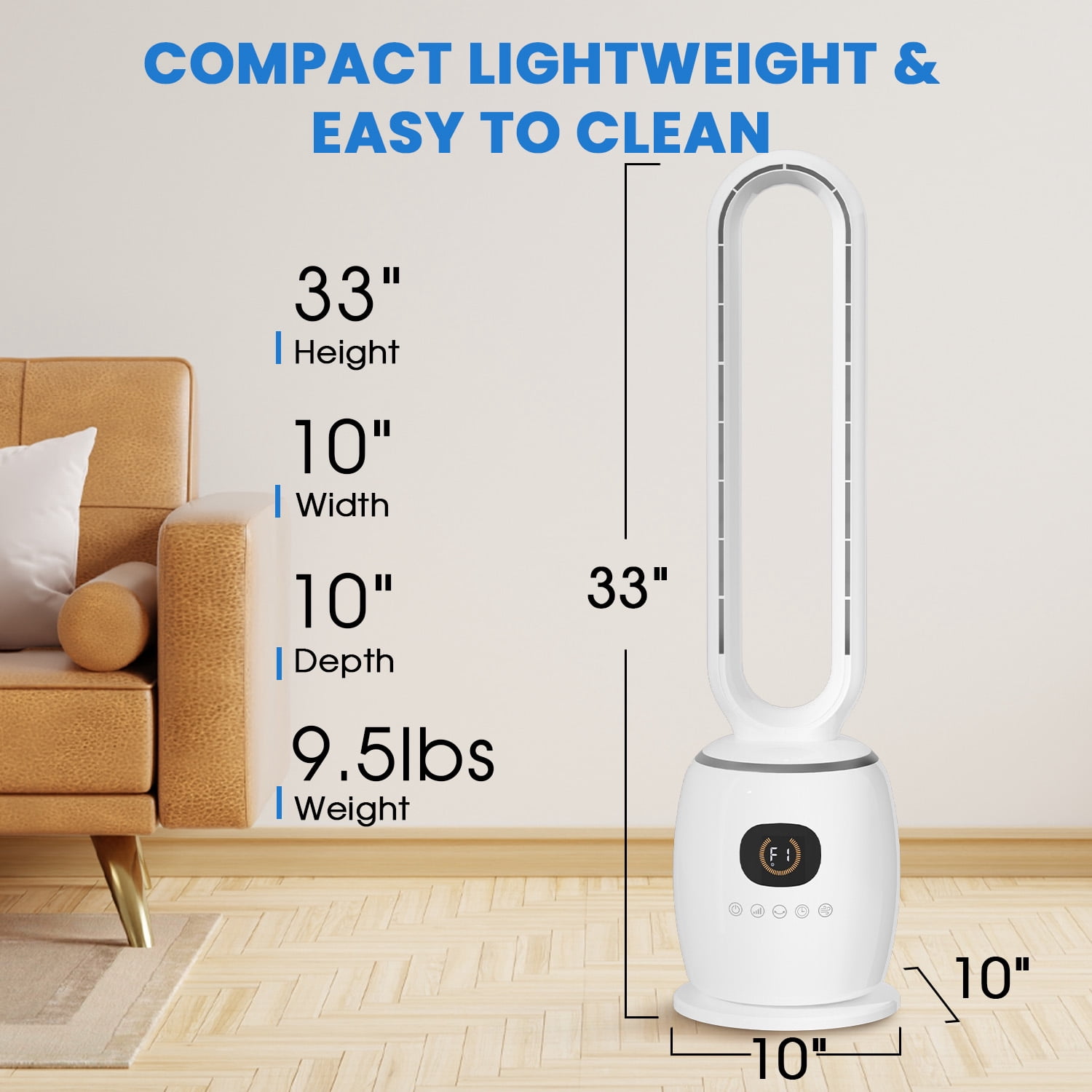 Bladeless Fans for Home, 33" Standing Floor Fan, 29 ft/S Quite Tower Fan with Remote, 90° Oscillating, 3 Modes & 3 Speeds, 12H Timer