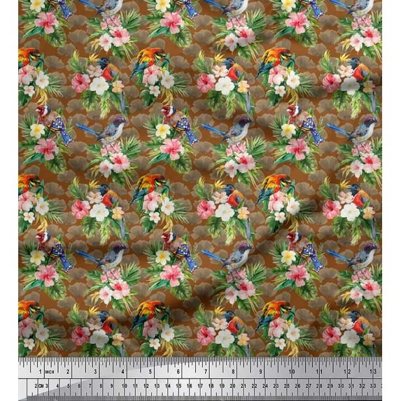 Soimoi Brown Rayon Fabric Tropical Leaves & European Goldfinch Bird Print Fabric by Yard 42 Inch Wide