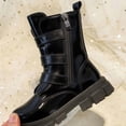 thumbnail image 4 of Girls Martin Boots Faux Leather Tall Boots with Double Buckle & Side Zipper Non Slip Thick Platform Sole Casual Dress Footwear for Fall Winter Daily Wear Black 2.5(37), 4 of 6