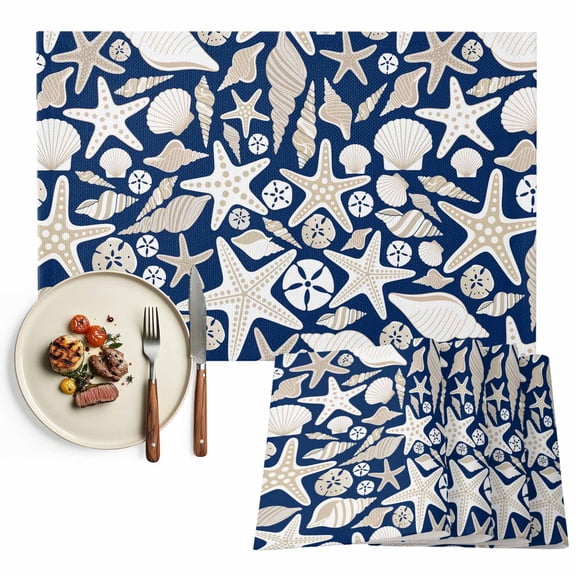 Placemats Set of 4, Shell Starfish Place Mats Ocean Conch Beach Navy Blue Tablemats Washable Placemat Table Decoration for Kitchen Table Dinner Party Home Decor Indoor Outdoor 13x19 Inch