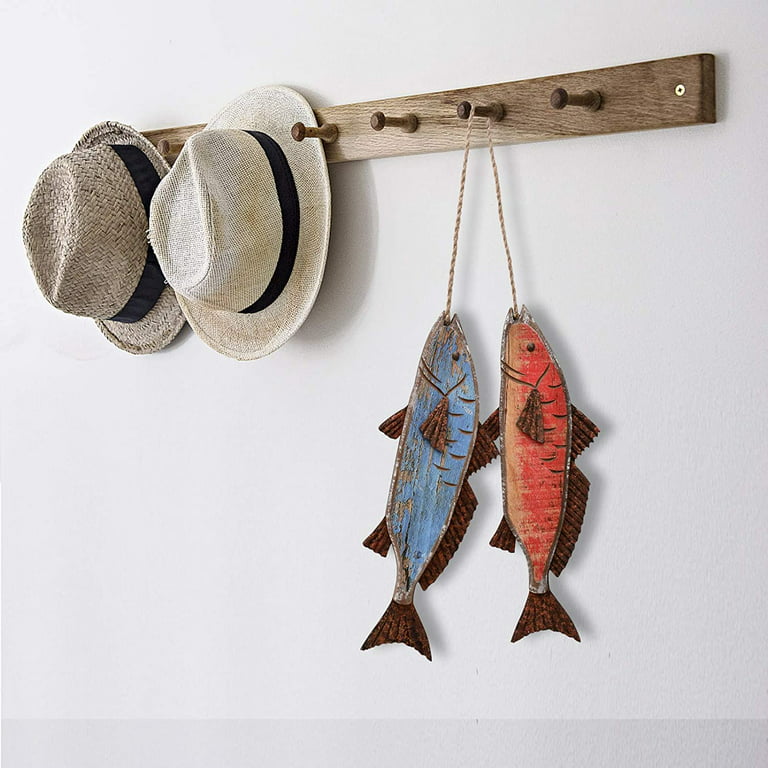 Wooden Fish Decor Hanging Wood Fish Decorations for Wall, Rustic Nautical Fish  Decor Beach Theme Home Decoration Fish Sculpture Home Decor for Bathroom  Bedroom Lake House Decoration (Blue & Red) 