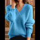 thumbnail image 2 of Suéteres de Cuello en V para Mujer, Blusa Holgada Informal de Punto de Larga, para Otoño. Azul Lago L, 2 of 3