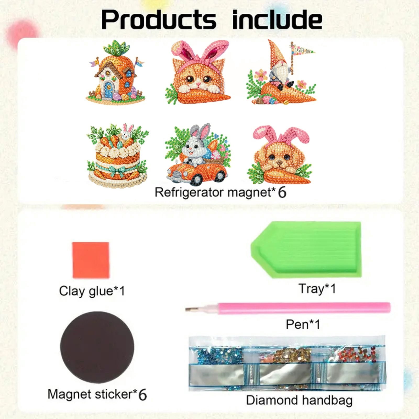 FLOPESN 6Pcs Holiday DIY Diamond Art Painting Refrigerator Magnet,Creative Design Easter St. Patrick's Day Acrylic Home Decors-Carrots