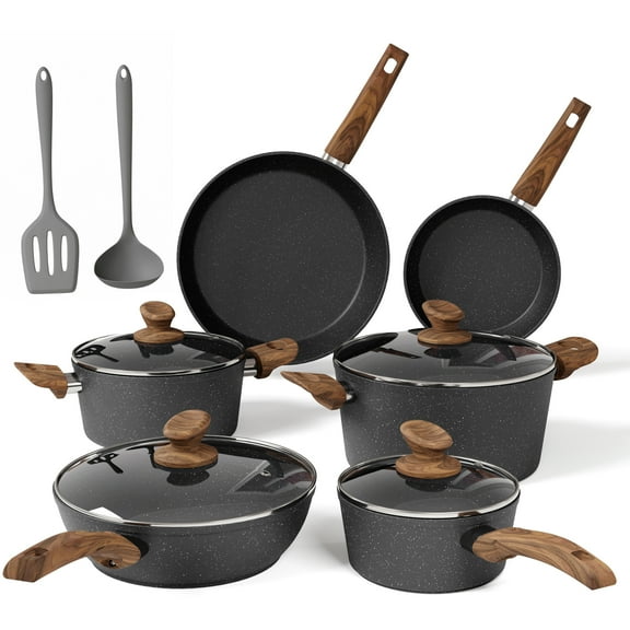 Sophia & William 12 Pieces Kitchen Nonstick Granite-Coated Cookware Set with Aluminum Core - Black