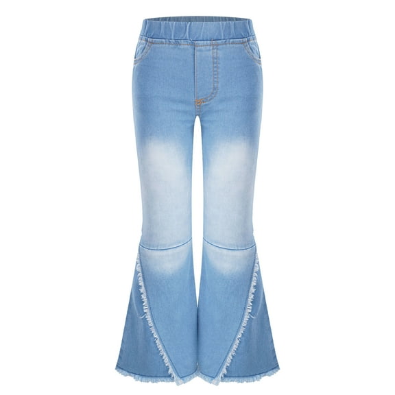 Yanarno Children Girls Distressed Flared Jeans Elastic Waist Bell-Bottoms Trousers Washed Casual Light Blue 8