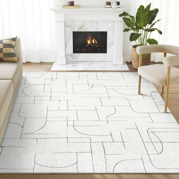 Abani Cozy Collection Area Rug Mid Century Modern Bedroom Living Room Decor Floor Rug 5 x 8 Cream Gray