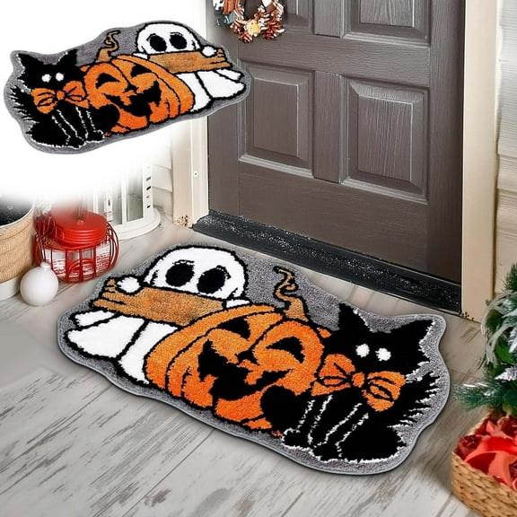 DAMAI Halloween Bath Rug,Ghost Pumpkin Black Cat Tufted Bath Mat,Non Slip Bathroom Shower Rugs Front Door Mat Carpet Floor Rug for Home Kitchen Bedroom Porch Entryway