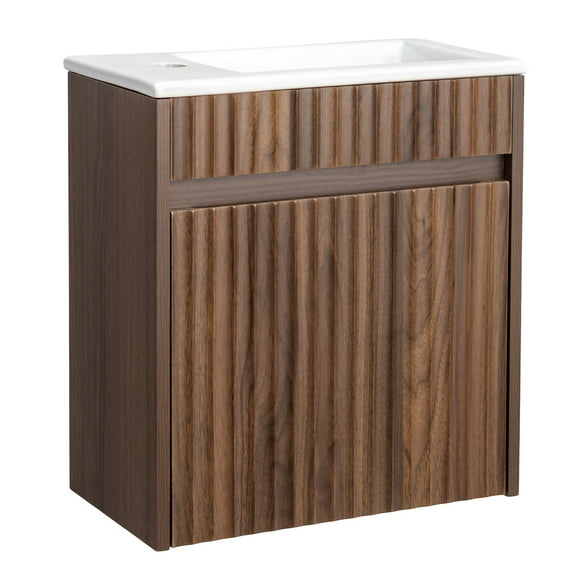 Ktaxon Modern Floating 18" Bathroom Vanity Cabinet with Sink Top, Fluted Wall Mounted Bathroom Storage Cabinet, Walnut