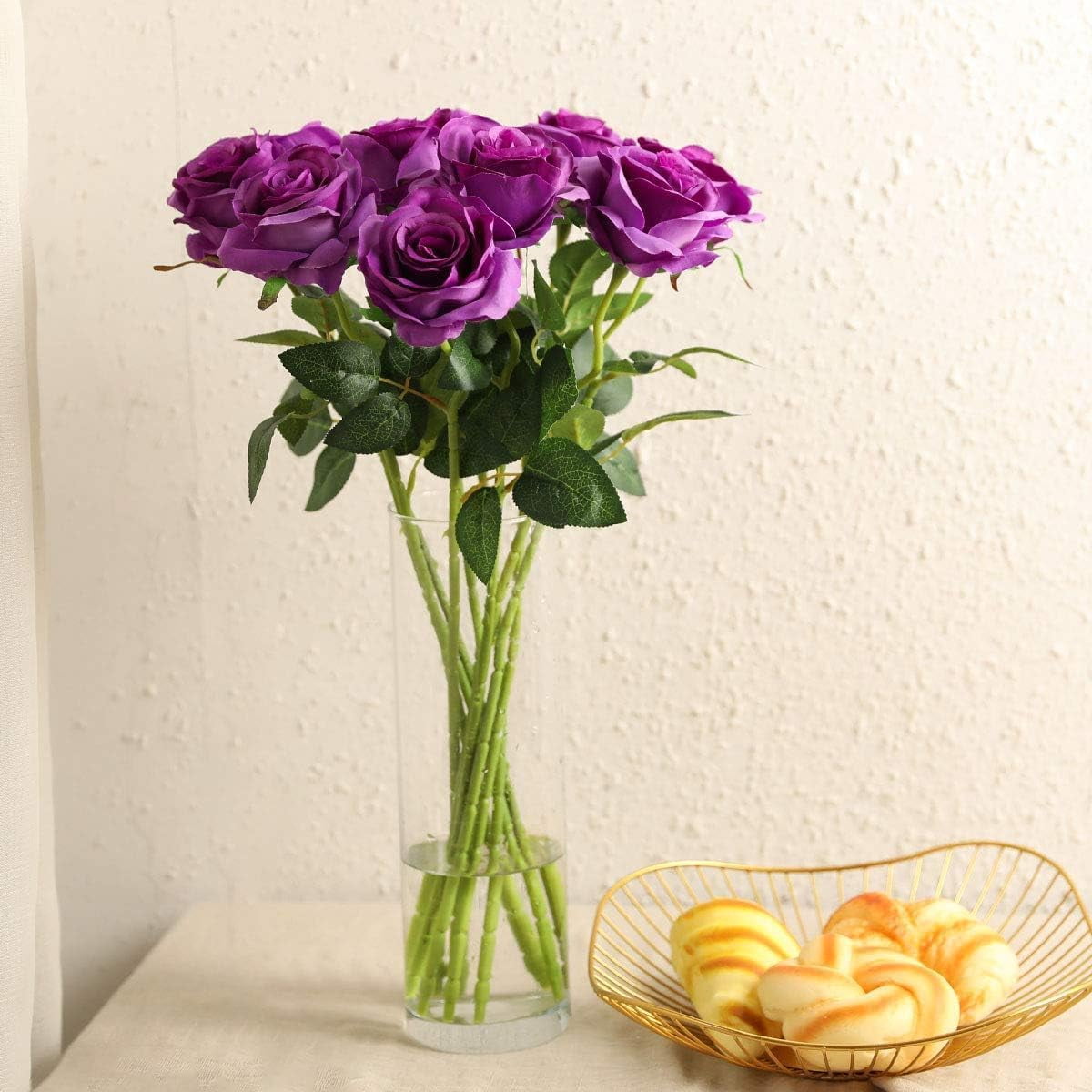 Purple Fake Roses Artificial Flowers - Fake Artificial Roses Silk Flowers with Stems for Home Wedding Hotel Office Centerpiece Decor