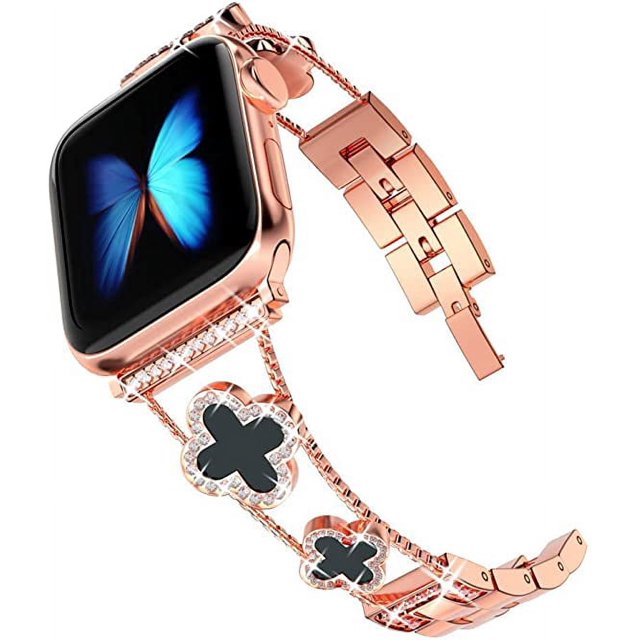 Oro rosa lindo lujo metal diamante delgado brillo Apple Watch Band 38 mm 40 mm 42 mm iwatch se Series 6/5/4/3, Apple Watch Series 7 Bling, Apple Watch se Series 3 38 mm Band para mujer oso de fresa Electrónica