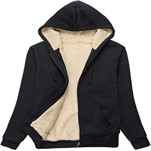 Chaqueta de forro polar de invierno para mujer, sudadera con capucha y cremallera completa con forro Sherpa y bolsillo, L, Black Sincero Electrónica