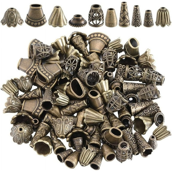 100Pcs 10 Styles Flower Bead Caps Cone Bead Spacers Tibetan Style Antique Bronze Flowers Tassel End Caps Supplies for Jewelry Making Women DIY Crafting Findings Earrings Accessories