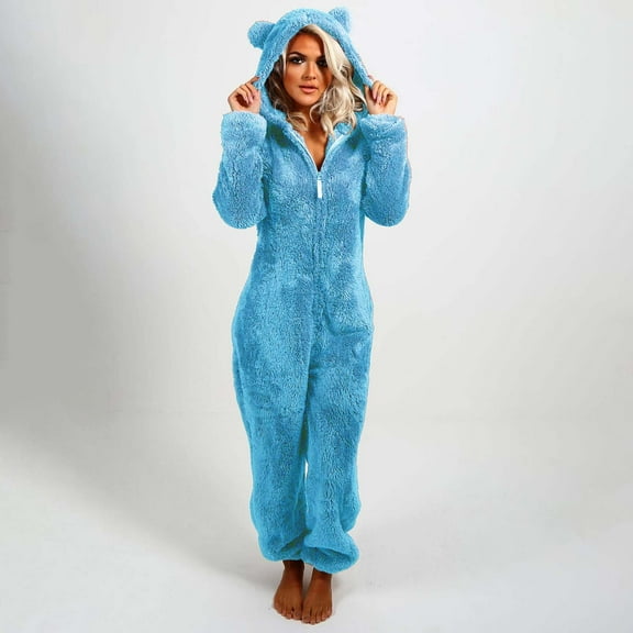 Texiao Chritsmas Polyester Women's Nightshirt, Women's Artificial Wool Long Sleeve Pajamas Casual Solid Color Zipper Loose Hooded Jumpsuit Pajamas Casual Winter Warm Rompe Cute Ears Sleepwear