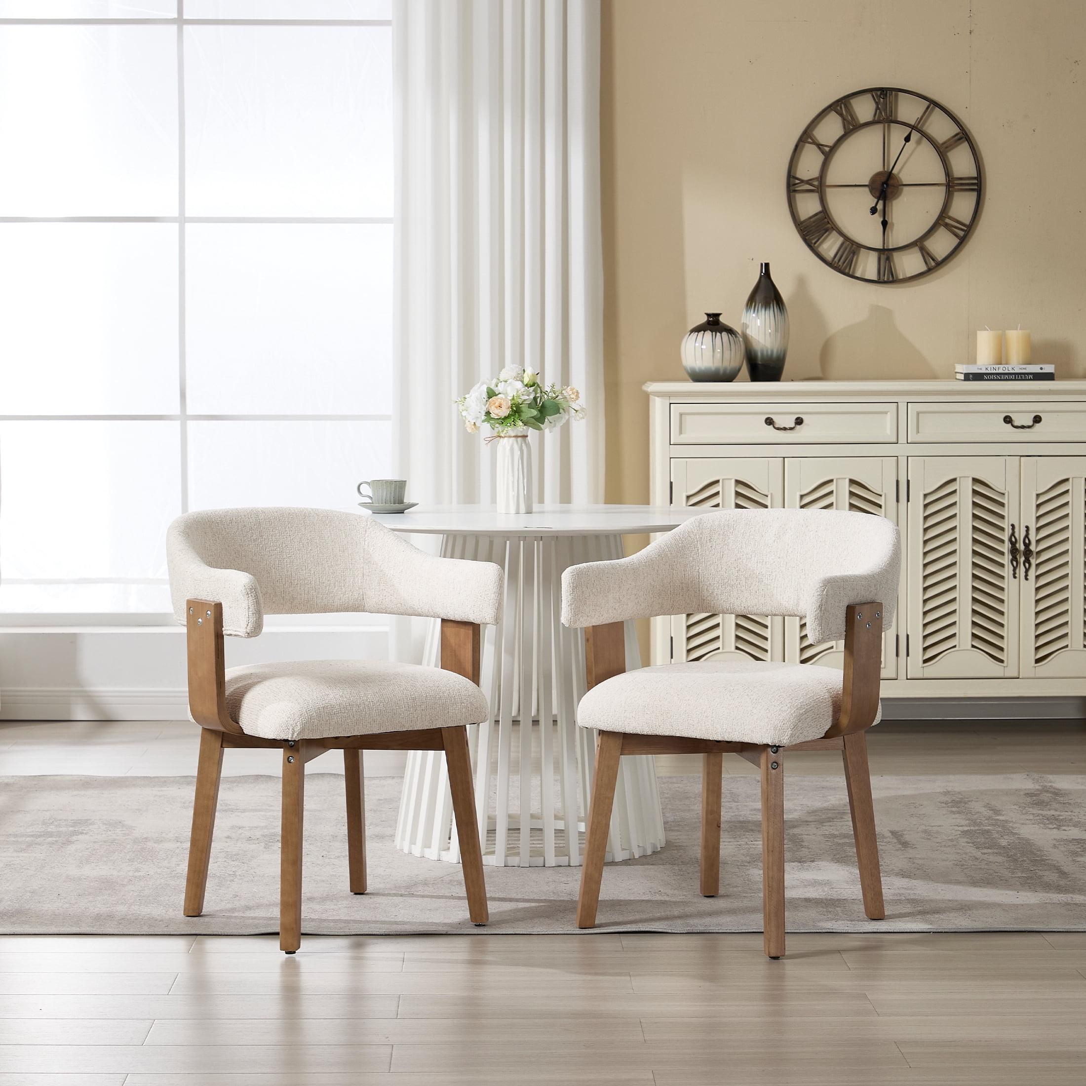 Guyou Modern Dining Chair Set of 2, Chenille Upholstered Dining Room Armchair with Curved Backrest, Mid-Century Wooden Kitchen Side Chairs for Dining Room Living Room, Beige
