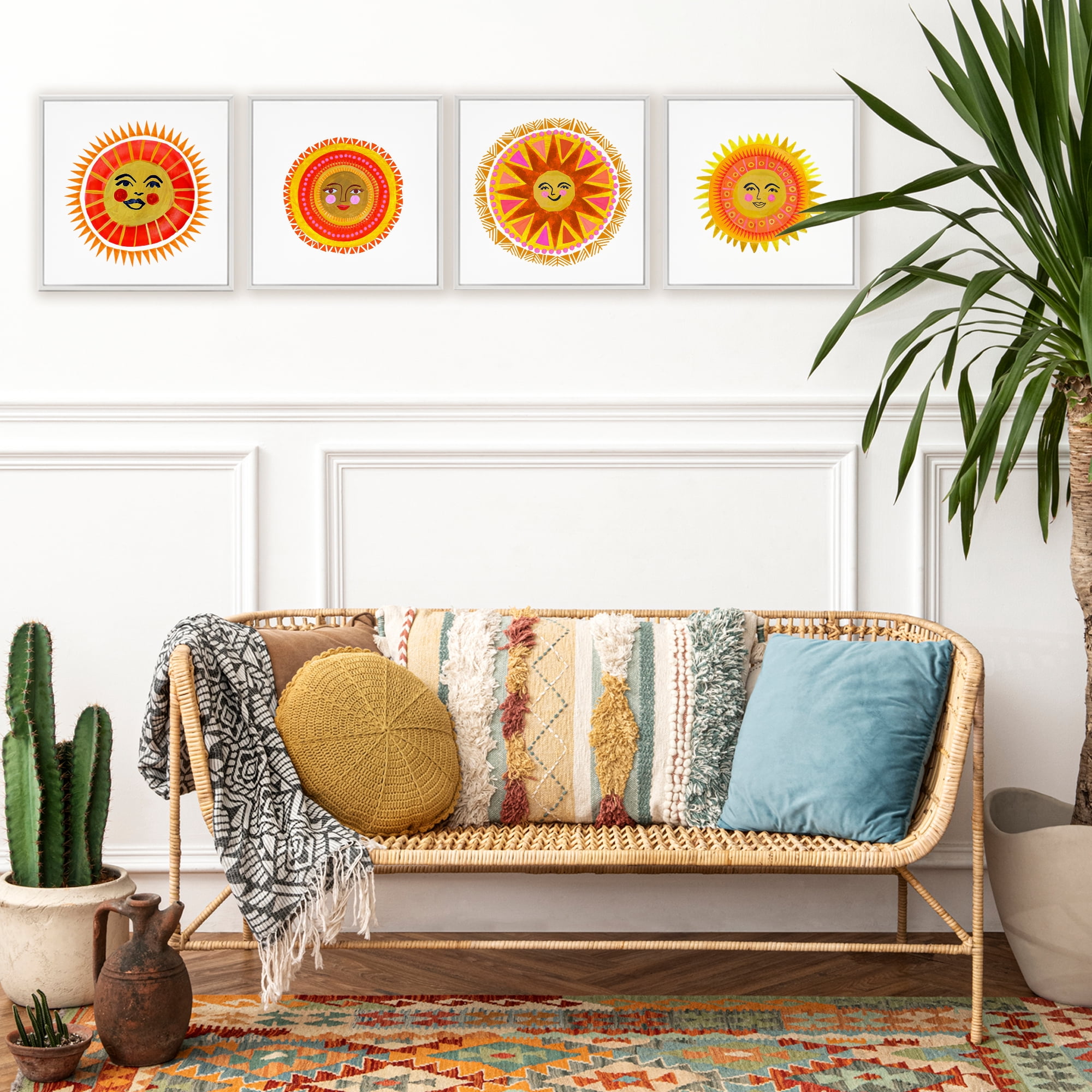 Stupell Industries Warm Happy Suns 4 Piece White Framed Giclee Art Set, design by Katherine Herrell Studio