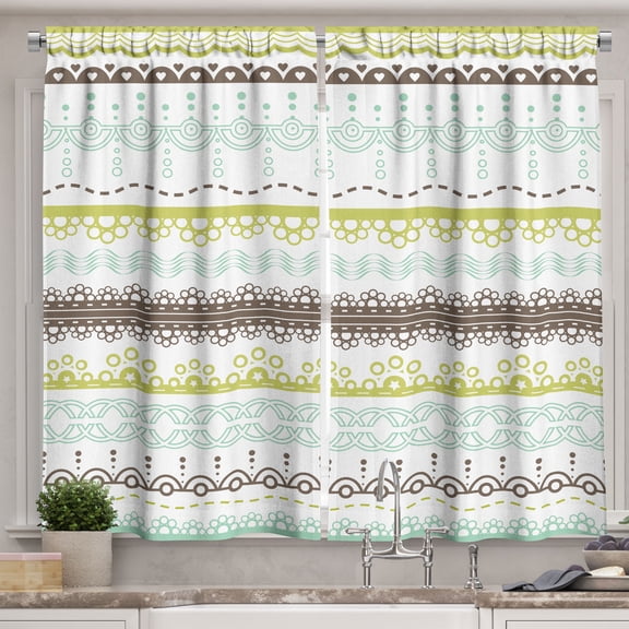 Ambesonne Green and Brown Kitchen Curtains, Lace Pattern, 55"x39", Yellow Green Mint Green