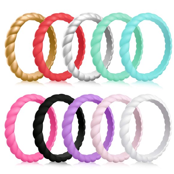 Mokani Bague de Mariage en Silicone pour Femmes, Lot de 10 Bandes Élastiques Fines et Tressées, Mode, Coloré, Ajustement Confortable, Sûr pour la Peau, Taille 5