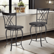 FurnitureR Outdoor Swivel Bar Stools Set of 2, 24-inch Vintage Faux Leather Bistro Chairs with Backrest & Footrest, Metal Frame for Patio Conversation Set, Black