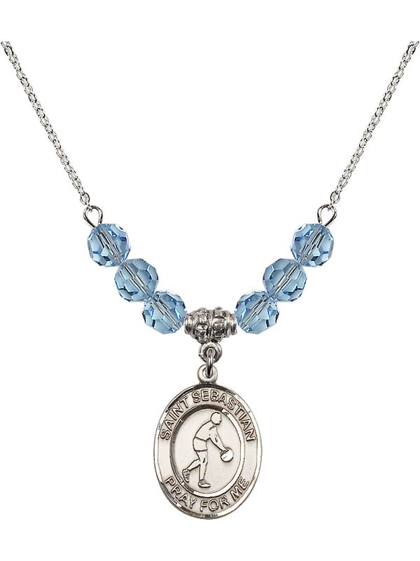 Bonyak Jewelry 18 Inch Rhodium Plated Necklace w// 6mm Blue March Birth Month Stone Beads and Saint Sebastian//Tennis Charm