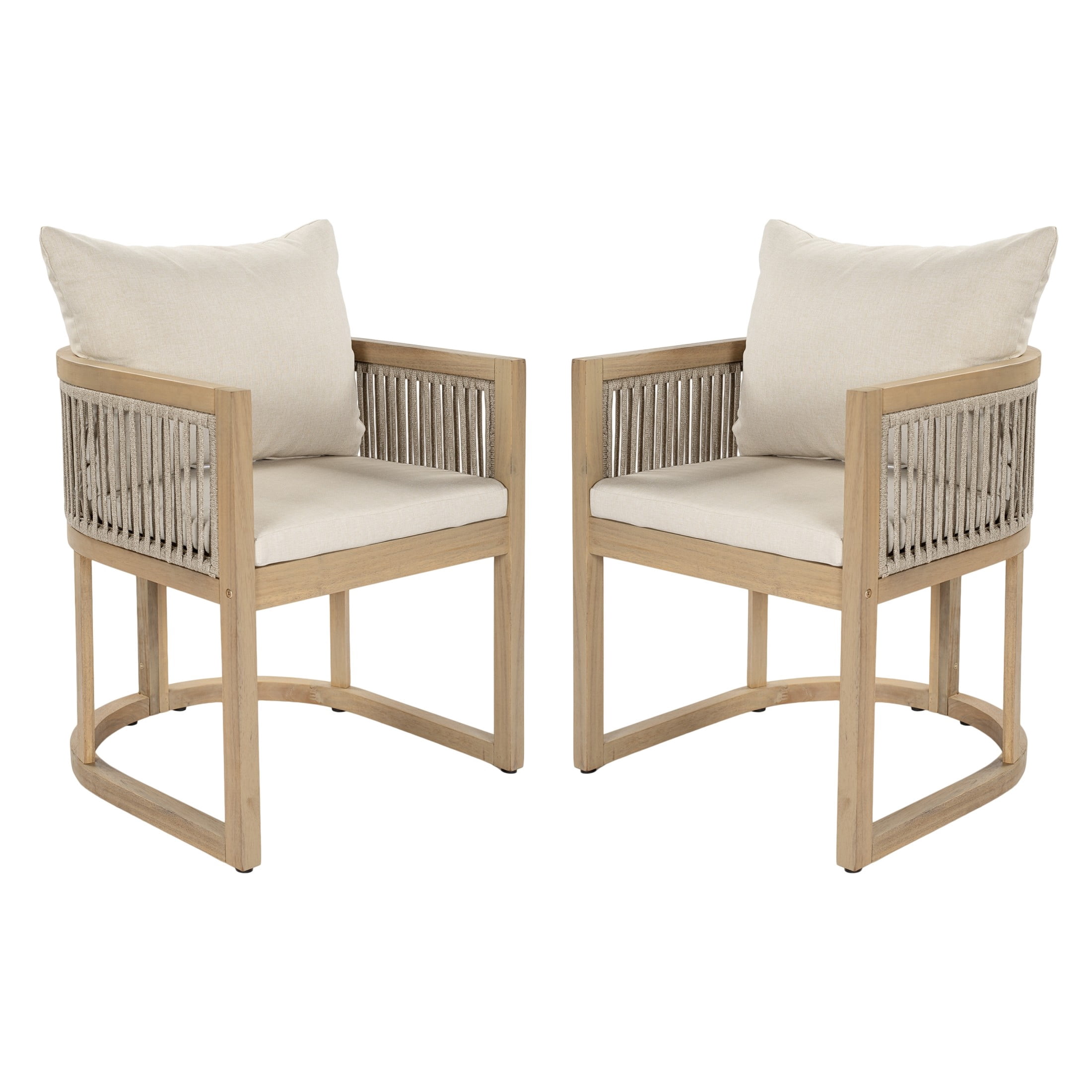 Christopher Knight Home Acacia Wood Outdoor Dining Chair with Cushions, Curved Shape, Light Teak+Beige, Set of 2