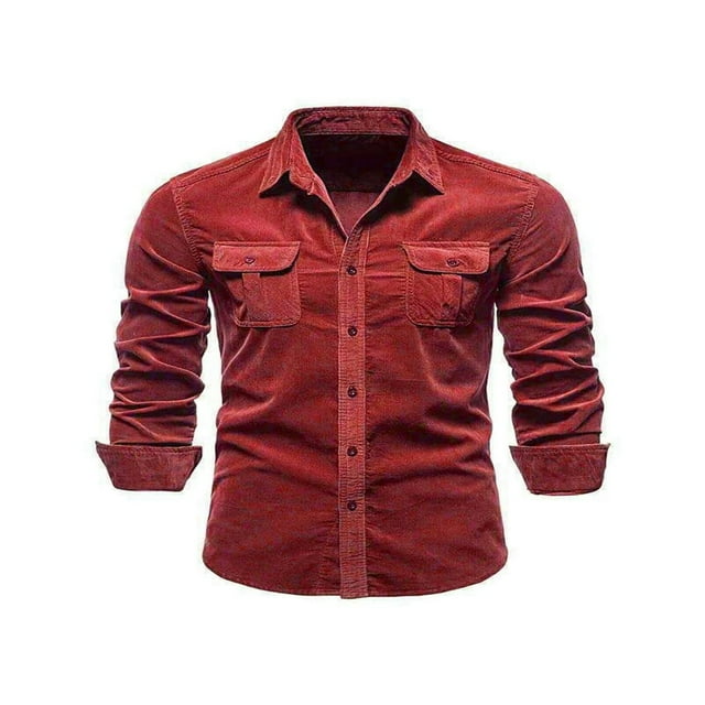 EIMELI Men Button Down Shirts Cual Long Sleeve Lapel Collar Solid Color Slim Fit Corduroy Tops for Autumn