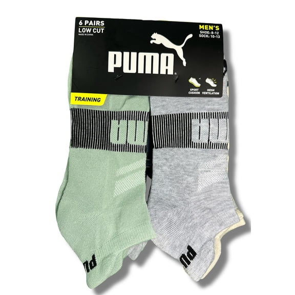 PUMA SOCKS MEN'S - LOW CUT - EDGE 253 - GREEN GREY - LARGE (10-13) PACK 6 XX