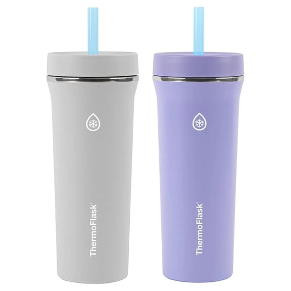 ThermoFlask 32 oz Insulated Straw Tumbler with 24 Hours of Temp-Lock - Set of 2, Grey and Purple