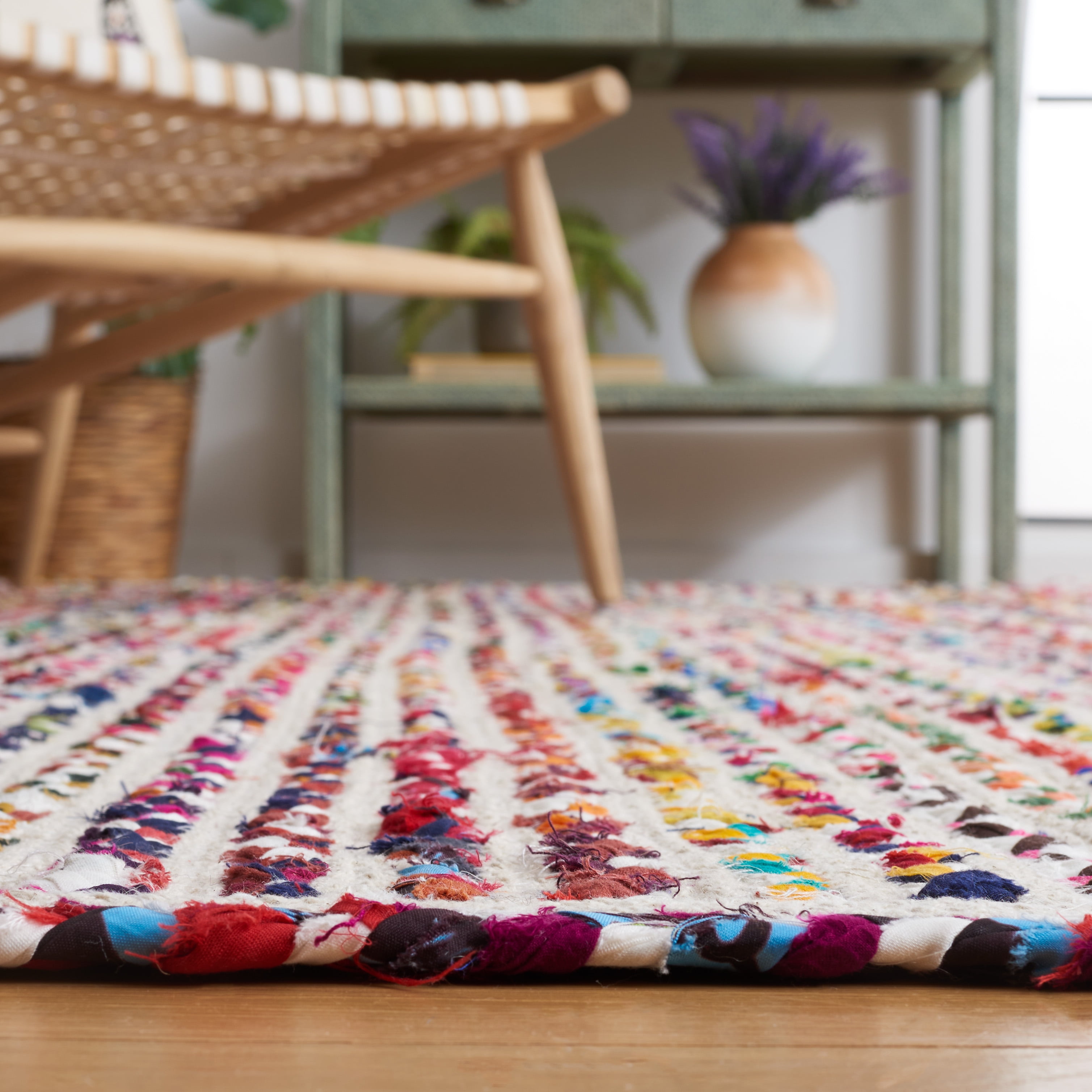 SAFAVIEH Braided Chelsey Bordered Cotton Reversible Area Rug, Ivory/Multi, 8' x 10'