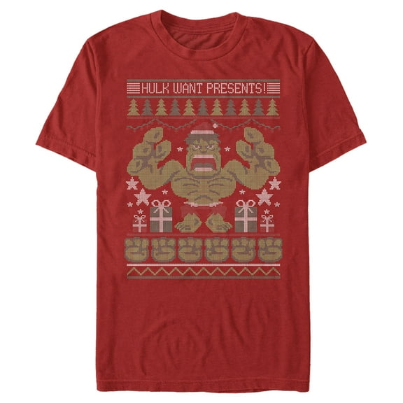 Men's Marvel Ugly Christmas Hulk Want Presents Graphic Tee Red Medium