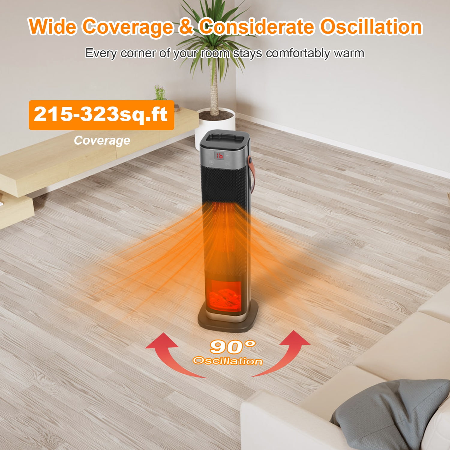 1500W Oscillating Tower Space Heater with 3D Flame, 90°Wide-Angle 323 Sq.Ft Heater with 1℃ Precision Thermostat & Remote, Overheat/Tip-Over Protection Portable Heater for Home Bedroom Office