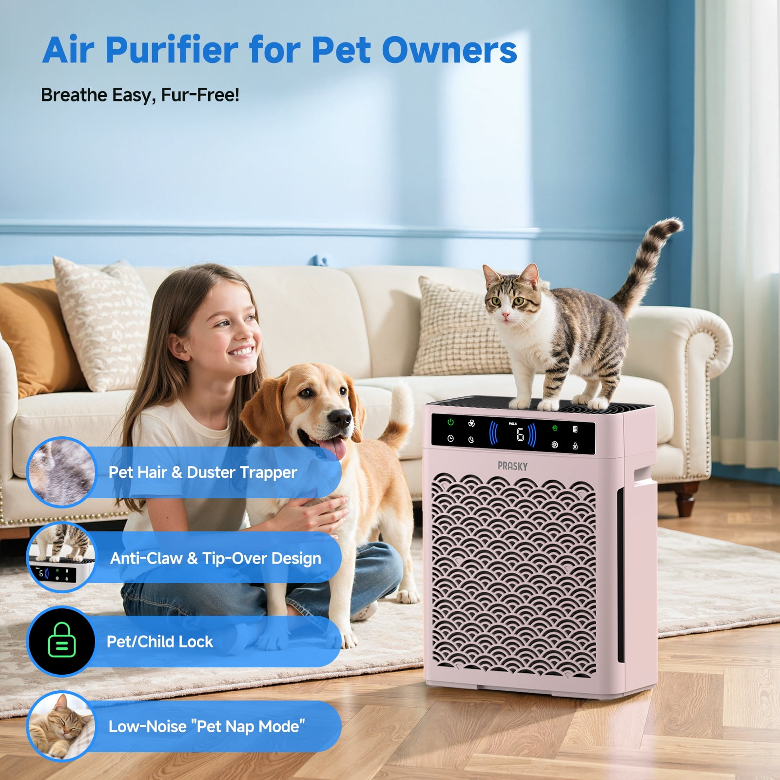 PRASKY Air Purifier for Home up to 2250 Sq Ft Coverage, True HEPA Filter for Pets, Smoke & Allergies | Quiet & Portable for Bedroom/Living Room (Pink)