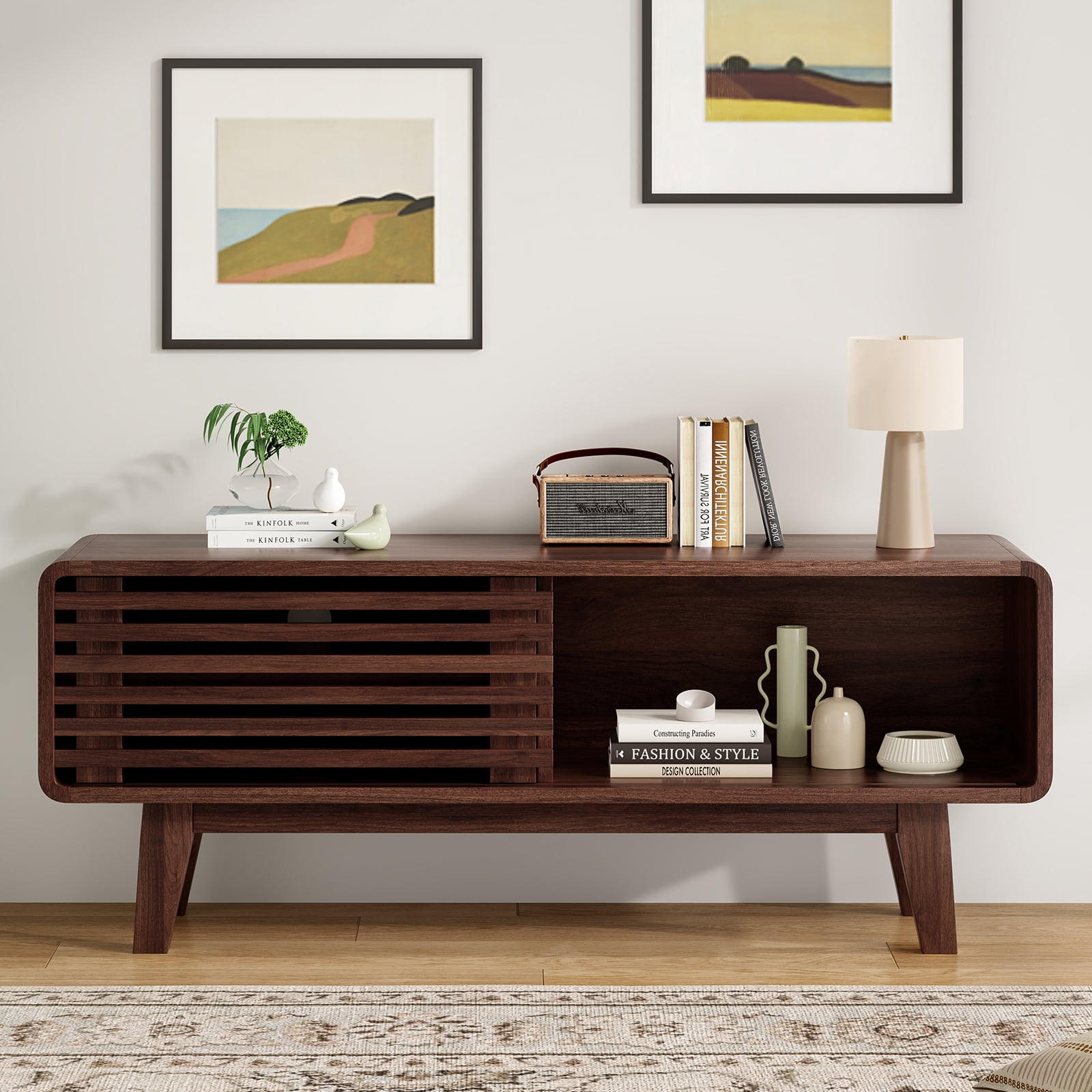 Hommoo Mid Century Modern TV Stands up to 59", Wooden Home Entertainment Center TV Console Cabinet with Sliding Tambour Door, Walnut