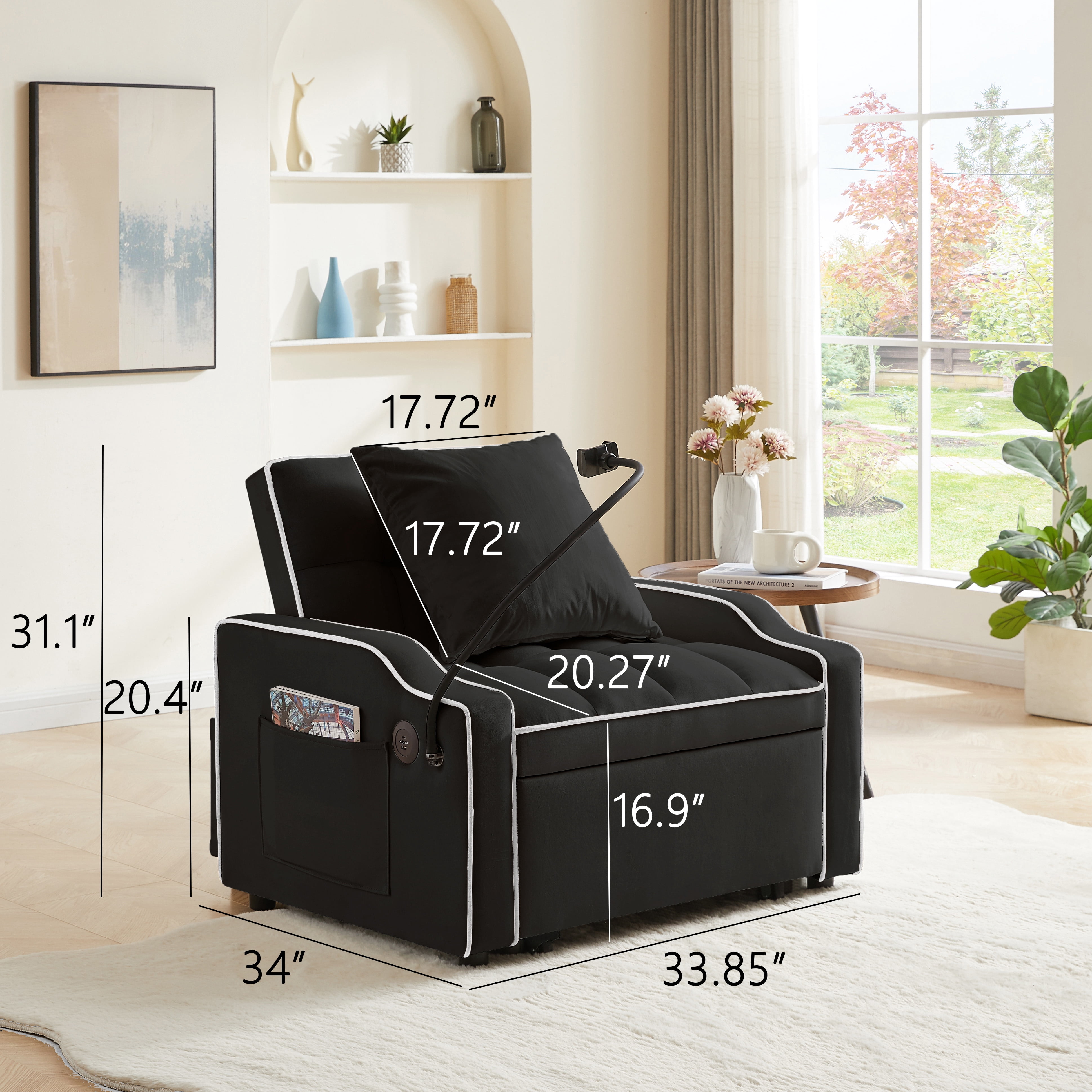 3 In 1 Convertible Sofa Bed Adjustable Recliner Sofa Chair With Adjustable Backrest, Phone Holder and Charging Port