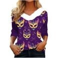 thumbnail image 2 of UPPADA 3/4 Femmes T-Shirts à Manches Mardi Gras Yall T-Shirts à Imprimé Floral Col Rond Blouse à devant Plissé Hauts d'Été Décontractés Chandail à Enfiler Haut Mode Fête Défilé Hauts pour Femmes Hauts à Manches 3/4 Économie, 2 of 5