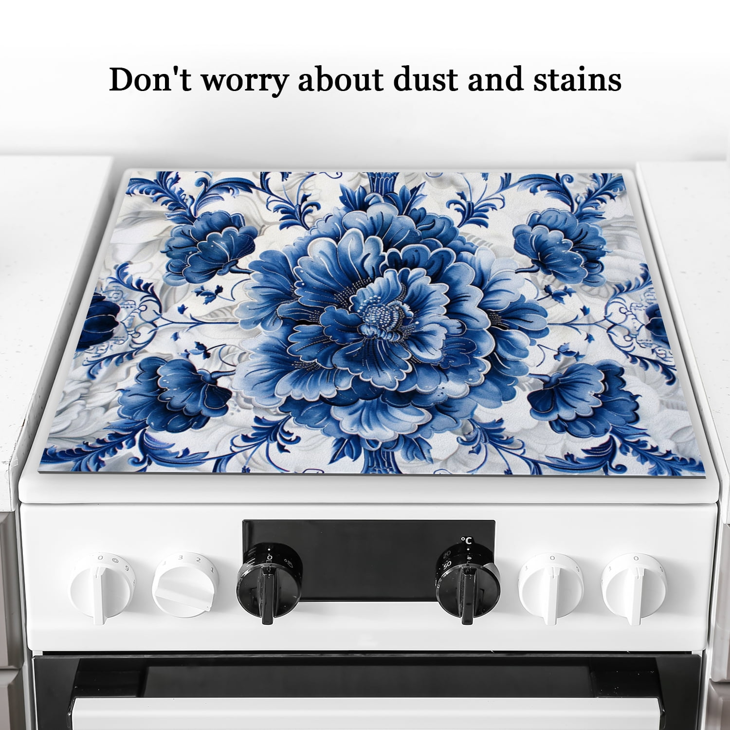 Stove Top Covers For Glasstop Stoves, Blue and White Porcelain-Style Floral Pattern Oilproof Mat, Multifunctional Protector Decorative Pad for Kitchen RV (28×20 Inch)